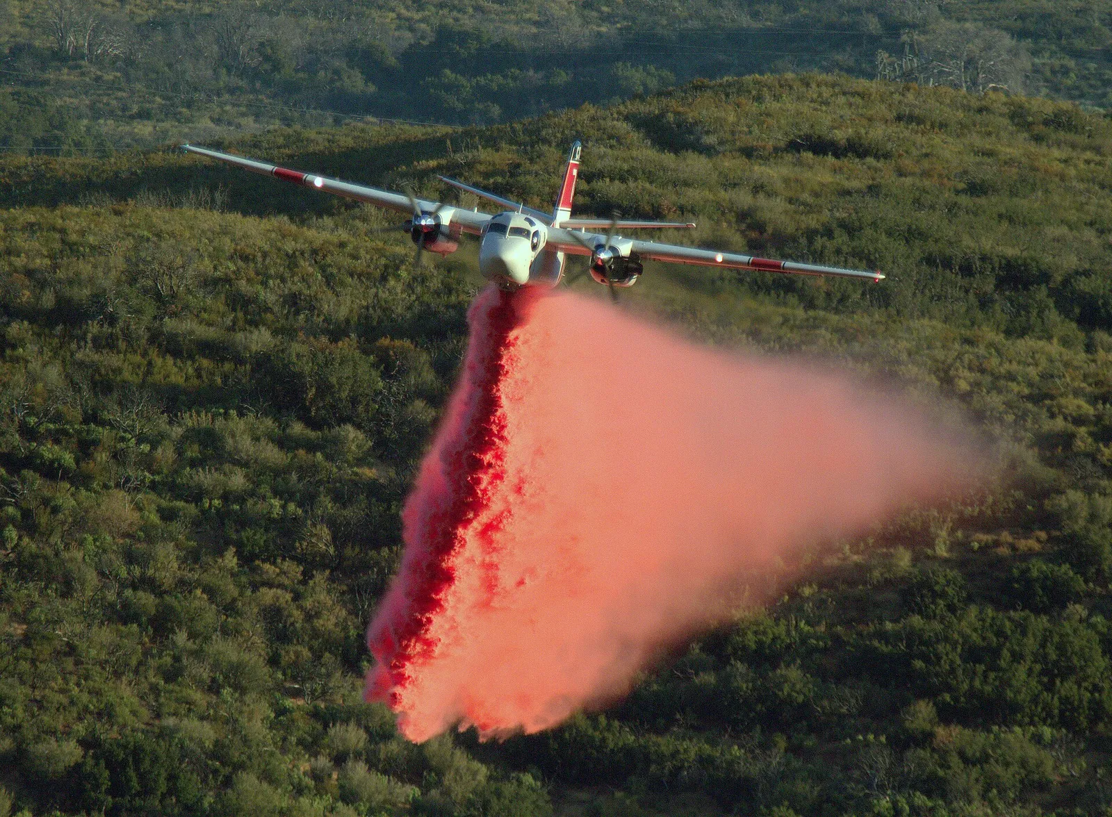 Avion bombardier d'eau larguant du produit sur un incendie (illustration)