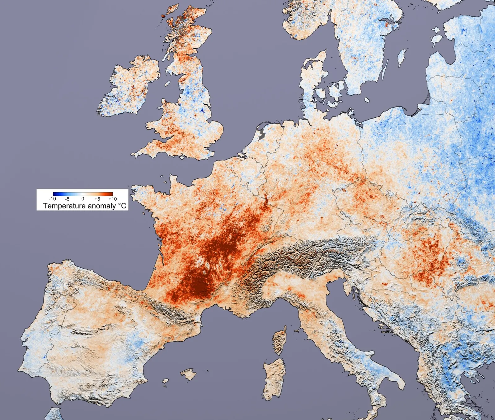 Carte de l'anomalie de température lors d'une canicule en Europe (illustration)