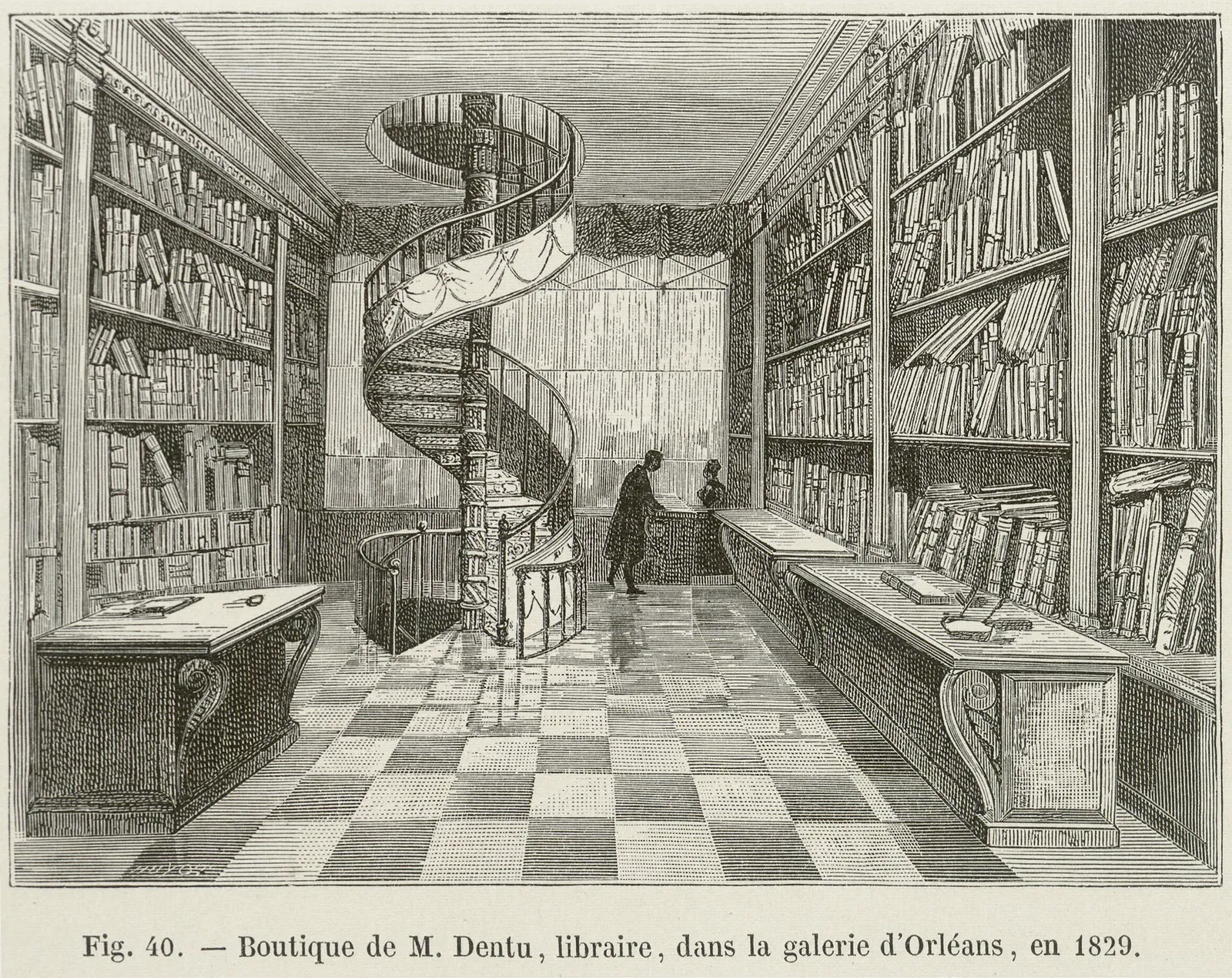 Une librairie parisienne (gravure ancienne, illustration)