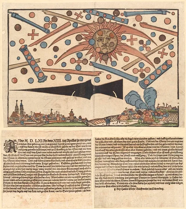 Gravure de Hans Glaser (1561) représentant le phénomène céleste de Nuremberg